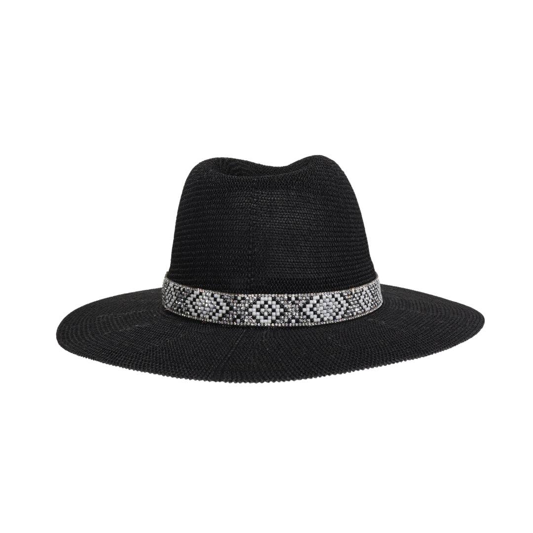 Knit Seed Bead/Rhinestone Band Panama Hat