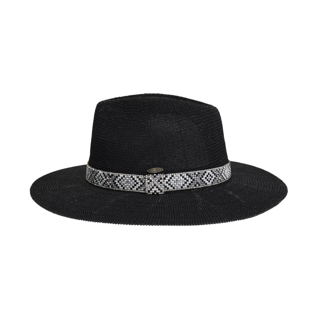 Knit Seed Bead/Rhinestone Band Panama Hat
