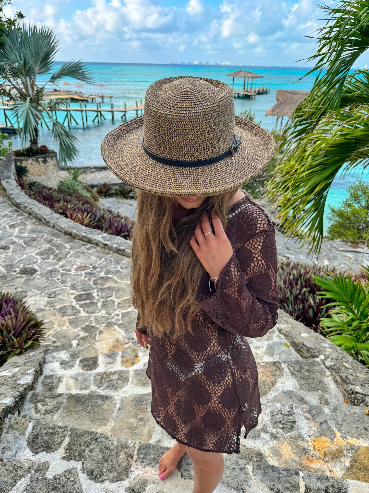Vegan Leather Belt Band C.C Boater Sun Hat