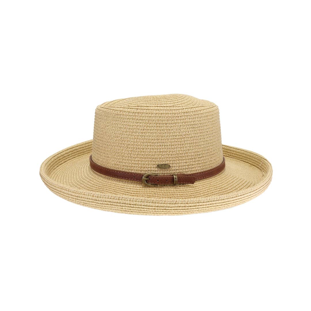 Vegan Leather Belt Band C.C Boater Sun Hat