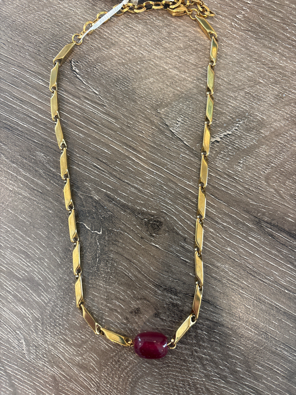 Gold with Red Glass Bead Necklace