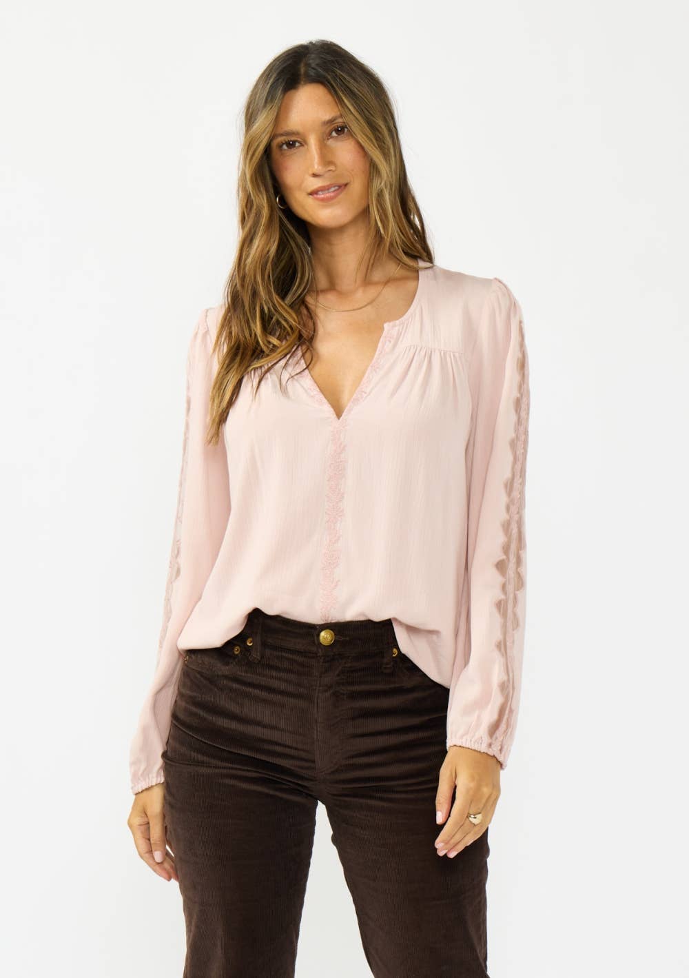Split Neck Blouse with Embroidery