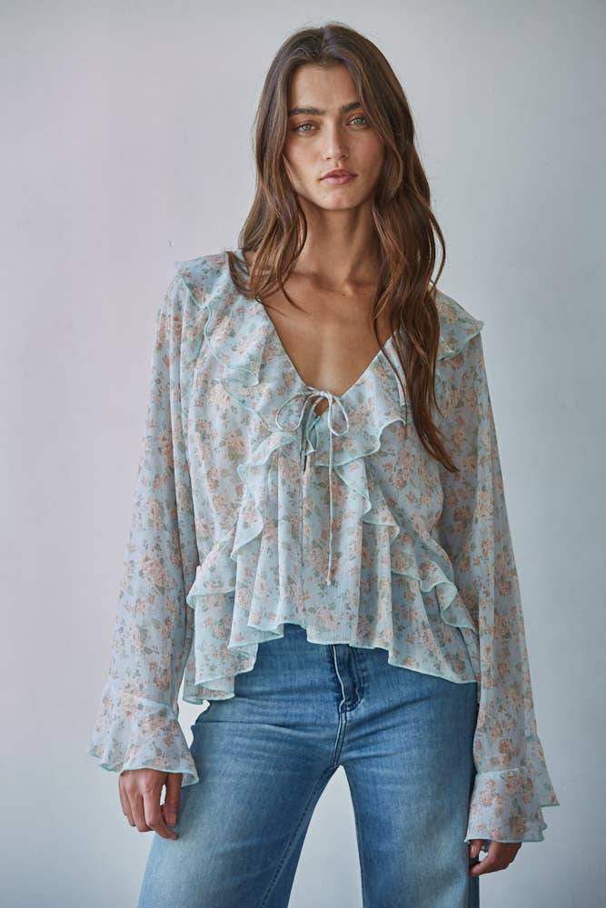 L9582 | Woven Polyester Floral Print Raglan Ruffle Top