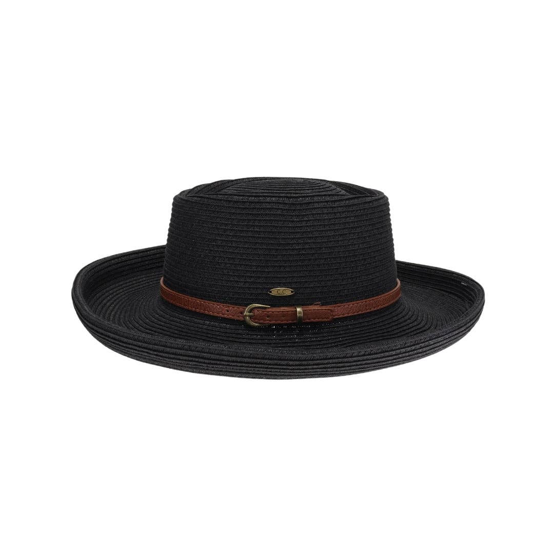 Vegan Leather Belt Band C.C Boater Sun Hat
