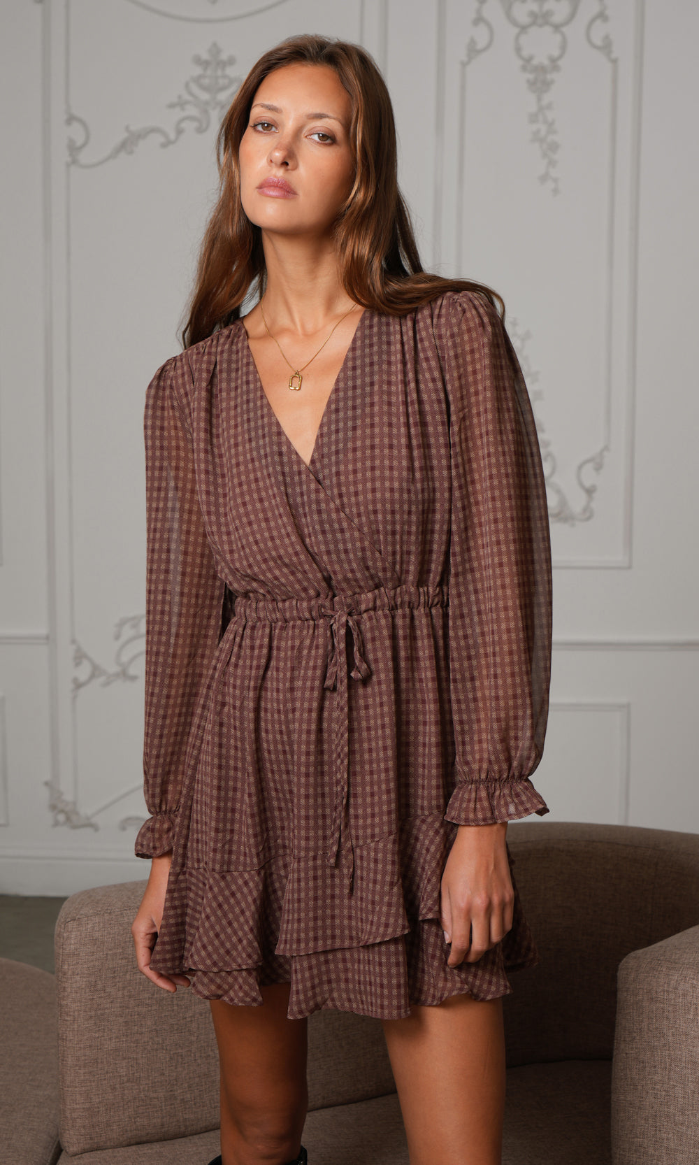 Polly Checked Chiffon Mini Dress With Tie Waist