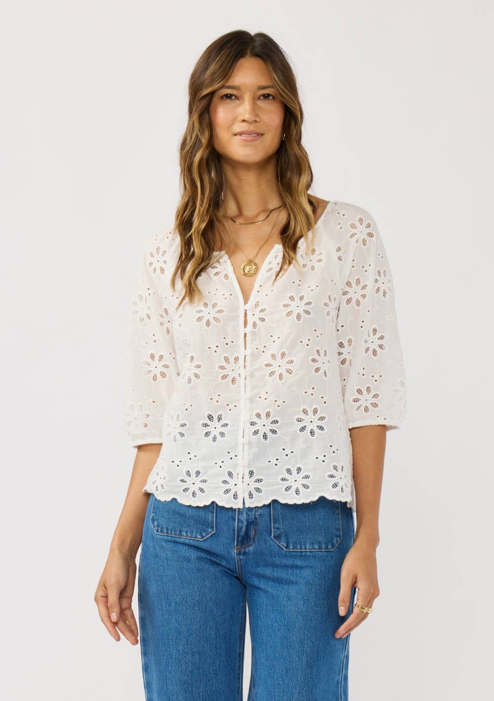 Floral Eyelet V-Neck Button Blouse