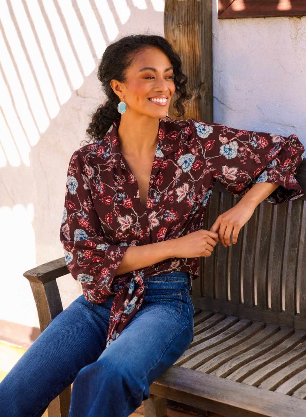 Blouson Sleeve Tie Front Top
