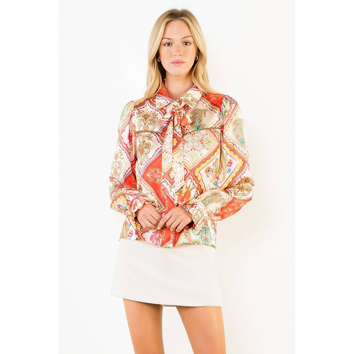 Satin Abstract Top With Tie Neck