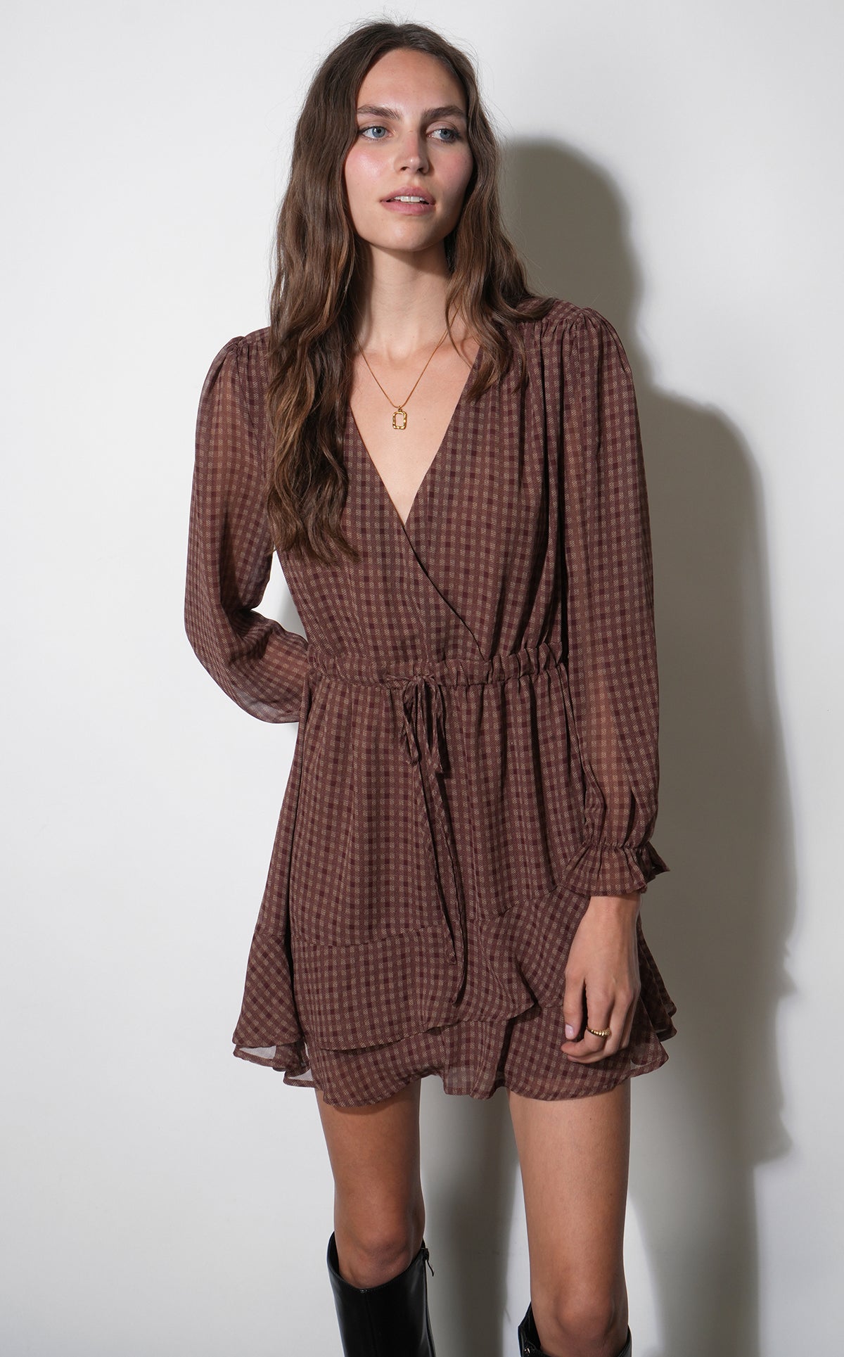Polly Checked Chiffon Mini Dress With Tie Waist