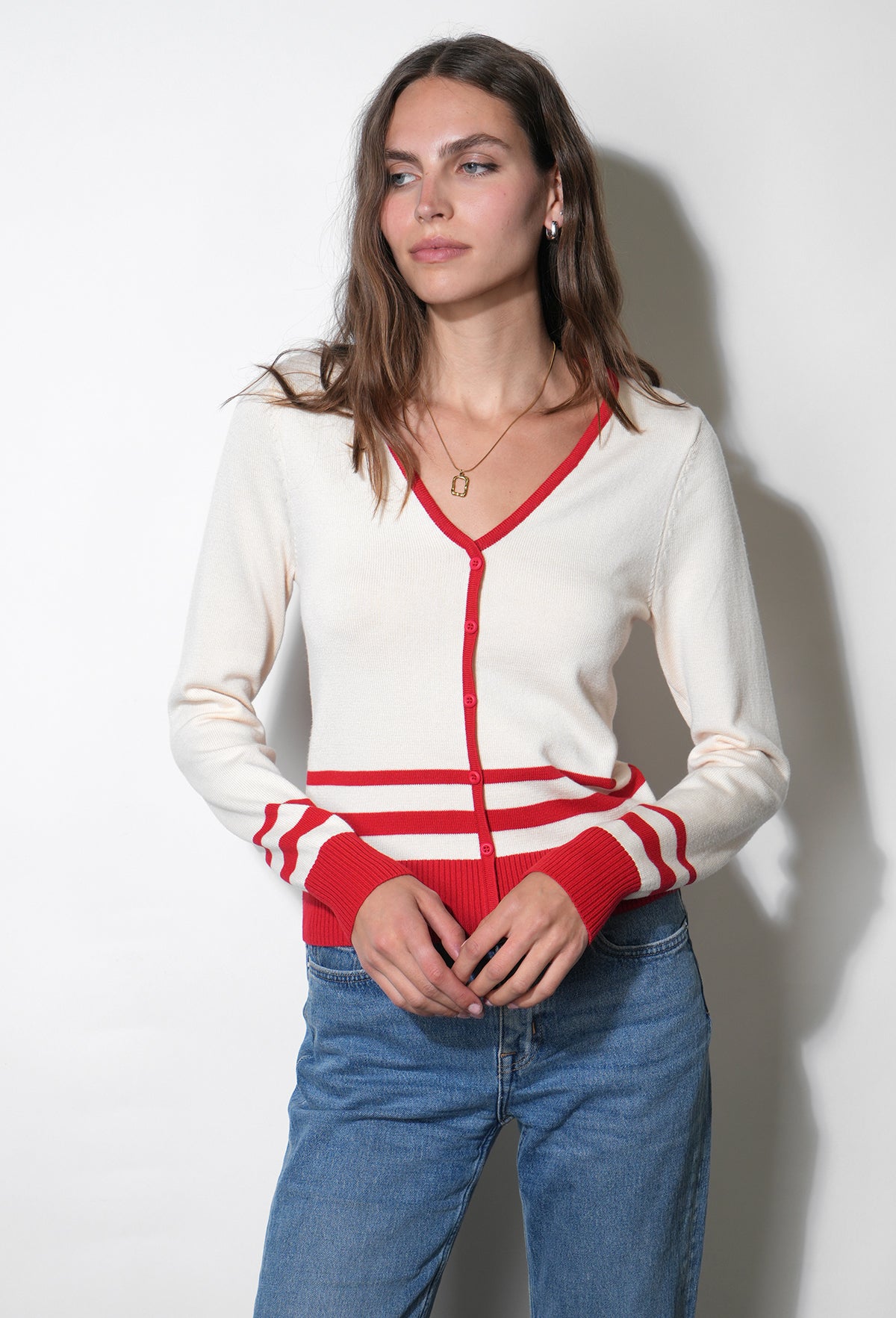 Piper Plunge Neck Stripe Button Front Knit Top