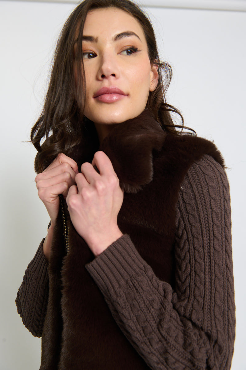 MAIA CROPPED FUR CABLED SLEEVES SWEATER