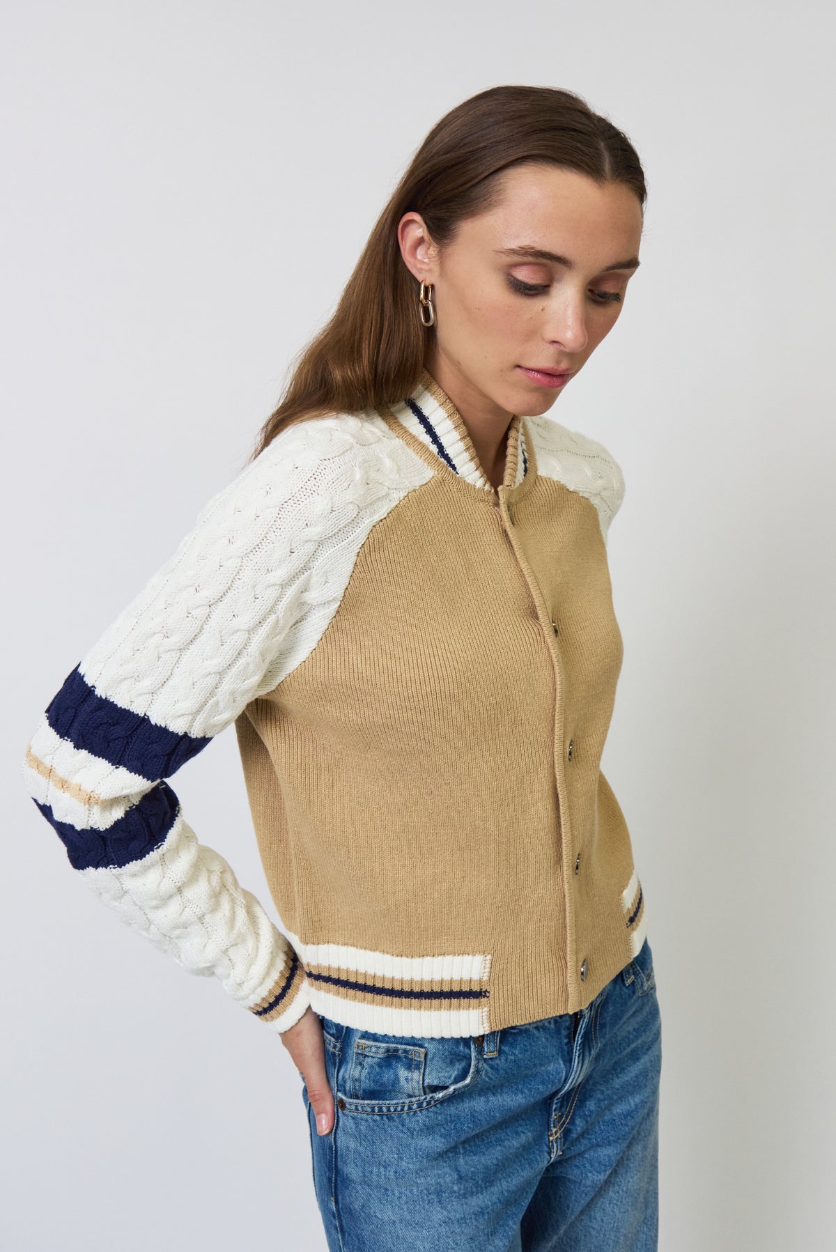 CHLOE CABLE SLEEVE KNIT BOMBER