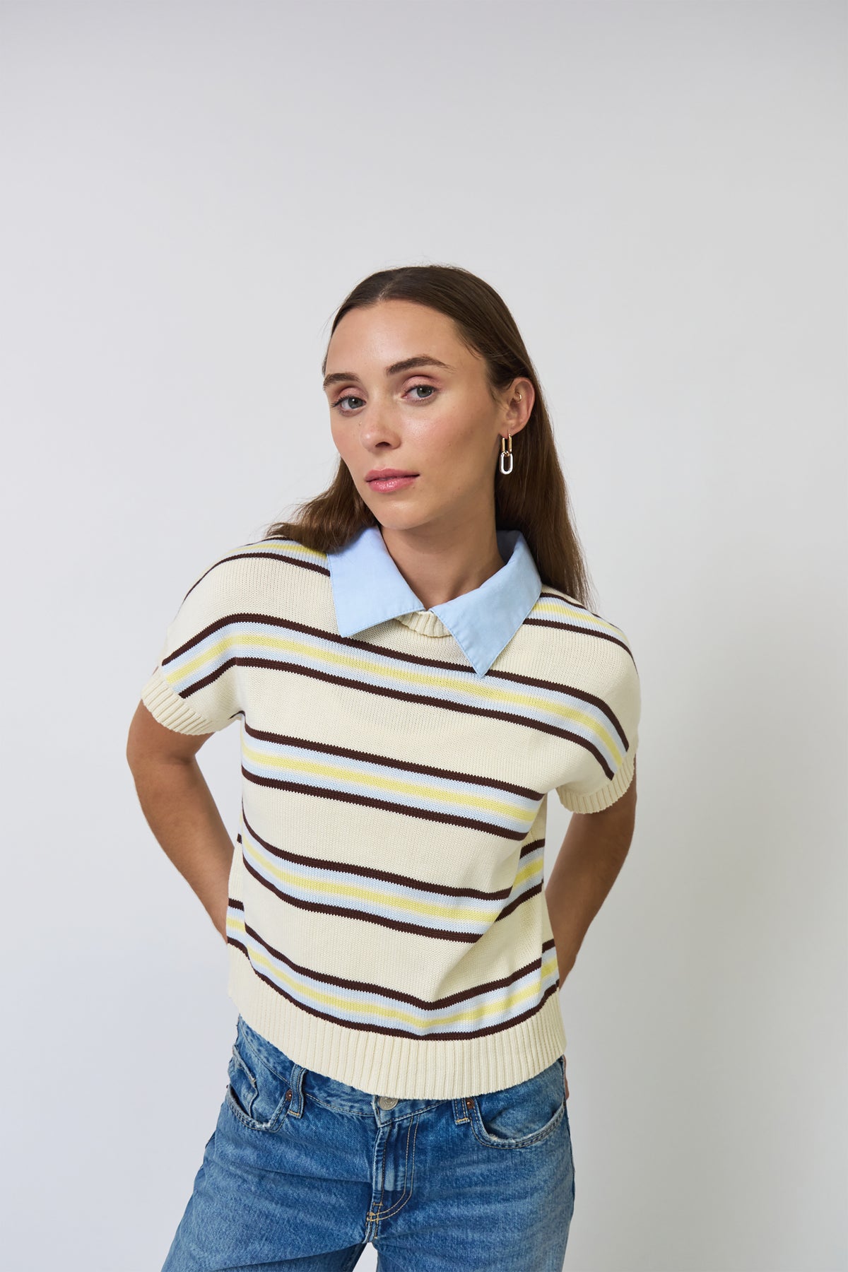 CHLOE STRIPE OXFORD COLLAR TEE