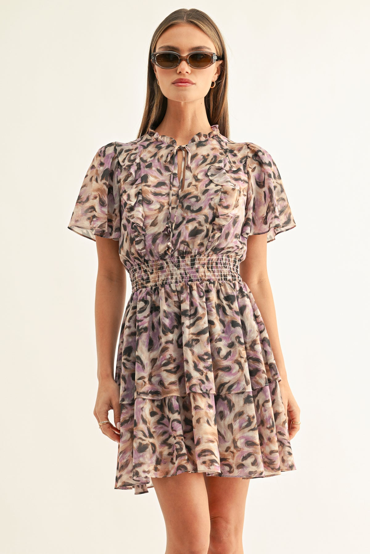 LORENA FLUTTER SLEEVES TIERED MINI DRESS