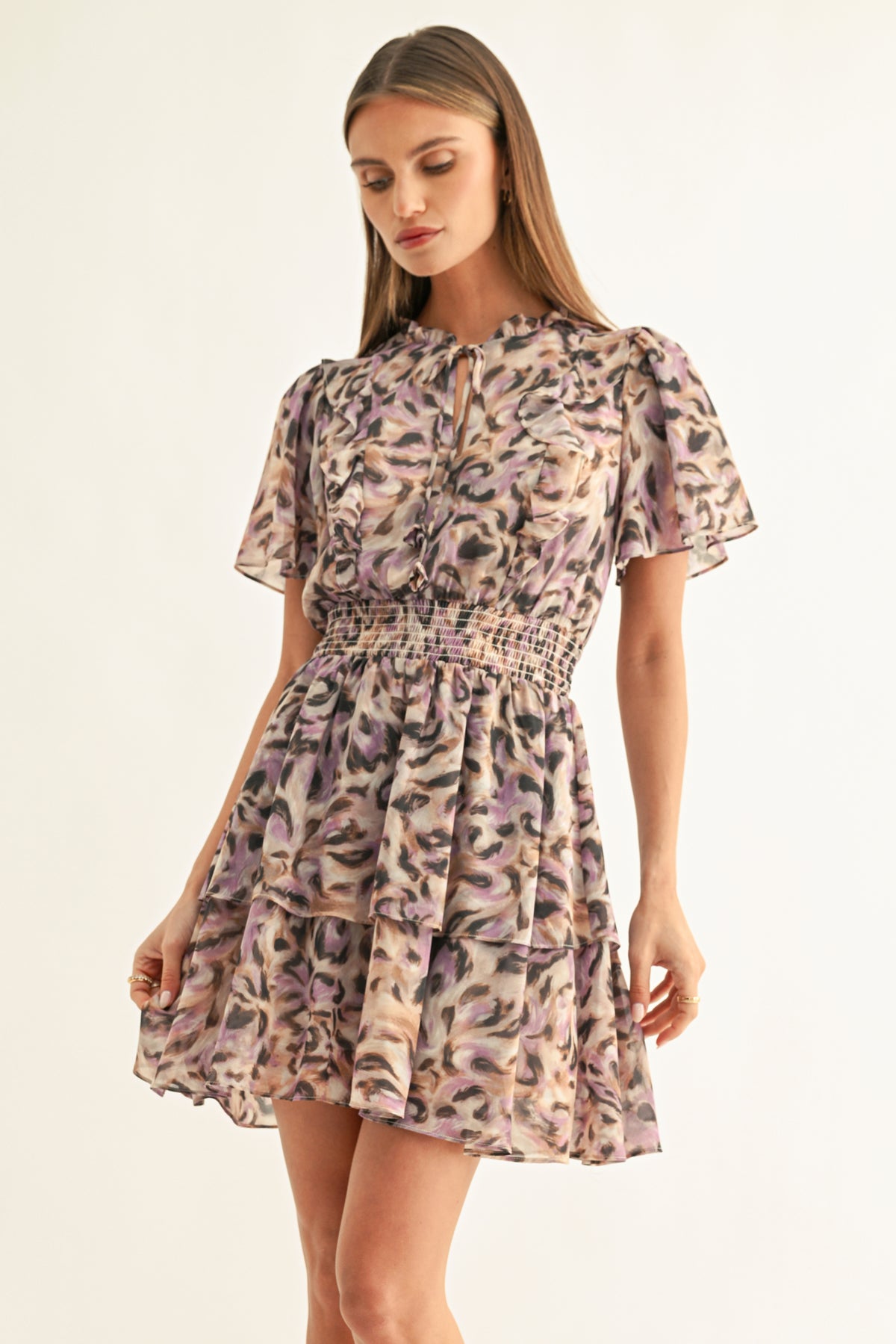 LORENA FLUTTER SLEEVES TIERED MINI DRESS