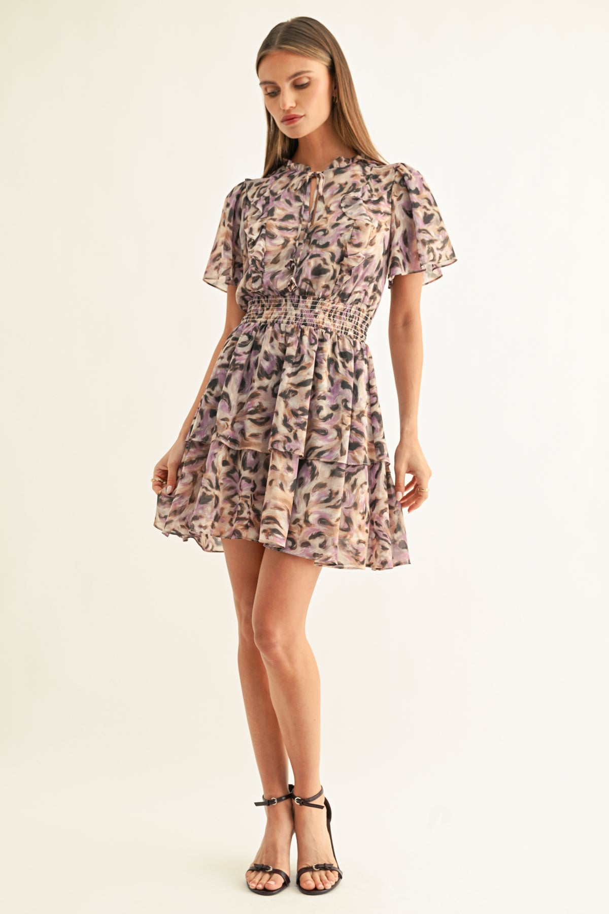 LORENA FLUTTER SLEEVES TIERED MINI DRESS