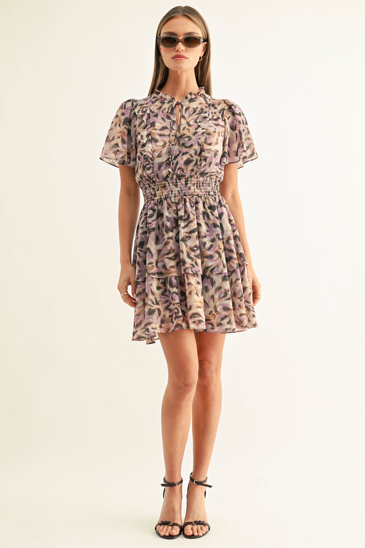 LORENA FLUTTER SLEEVES TIERED MINI DRESS