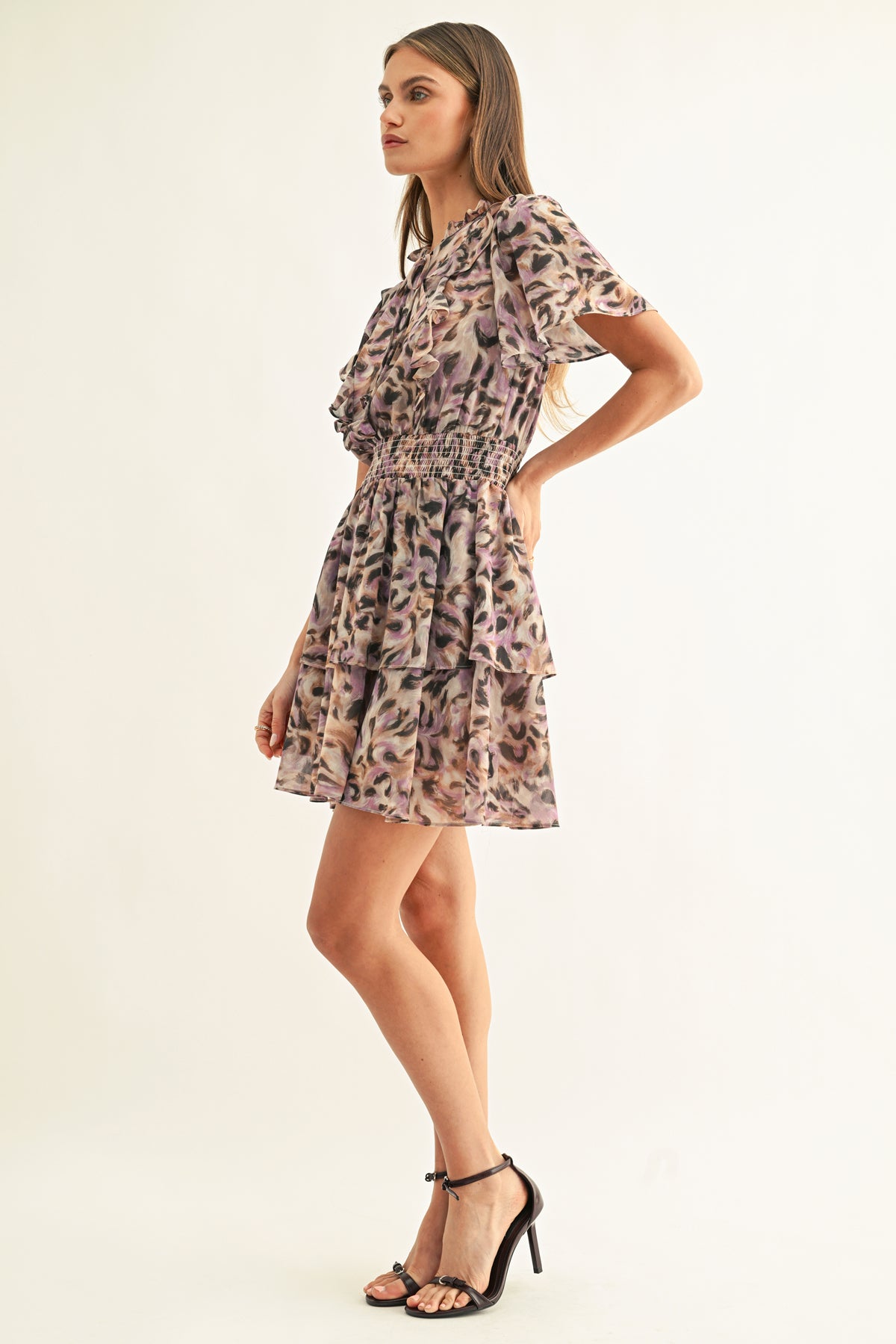 LORENA FLUTTER SLEEVES TIERED MINI DRESS