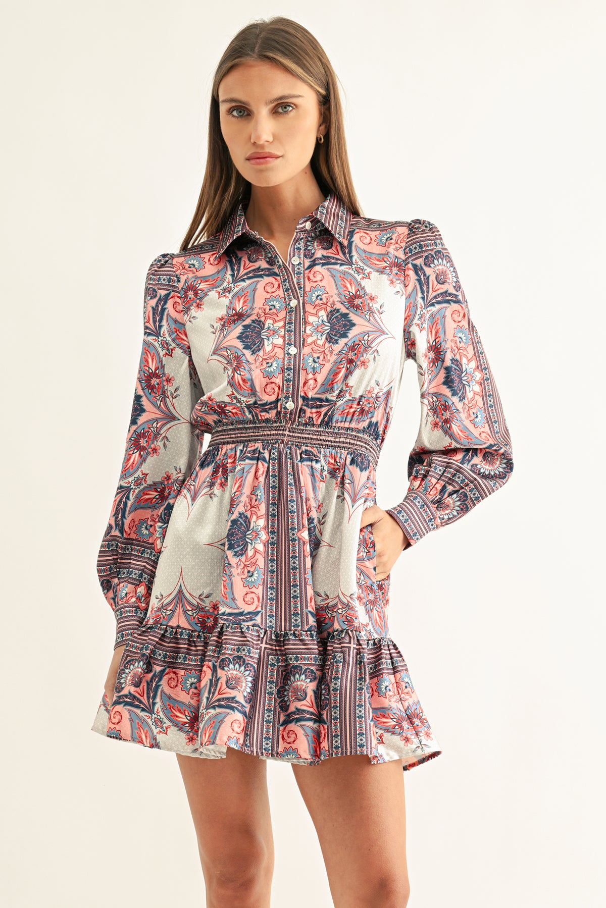 PEYTON LONG SLEEVES SMOCKED SHIRT MINI DRESS