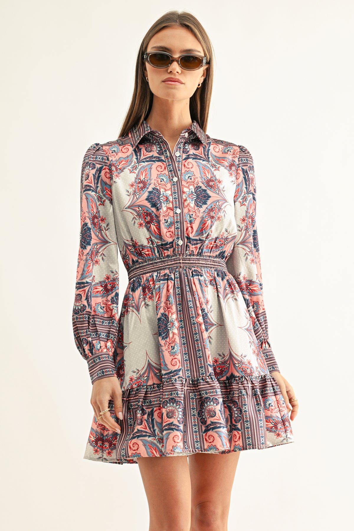 PEYTON LONG SLEEVES SMOCKED SHIRT MINI DRESS