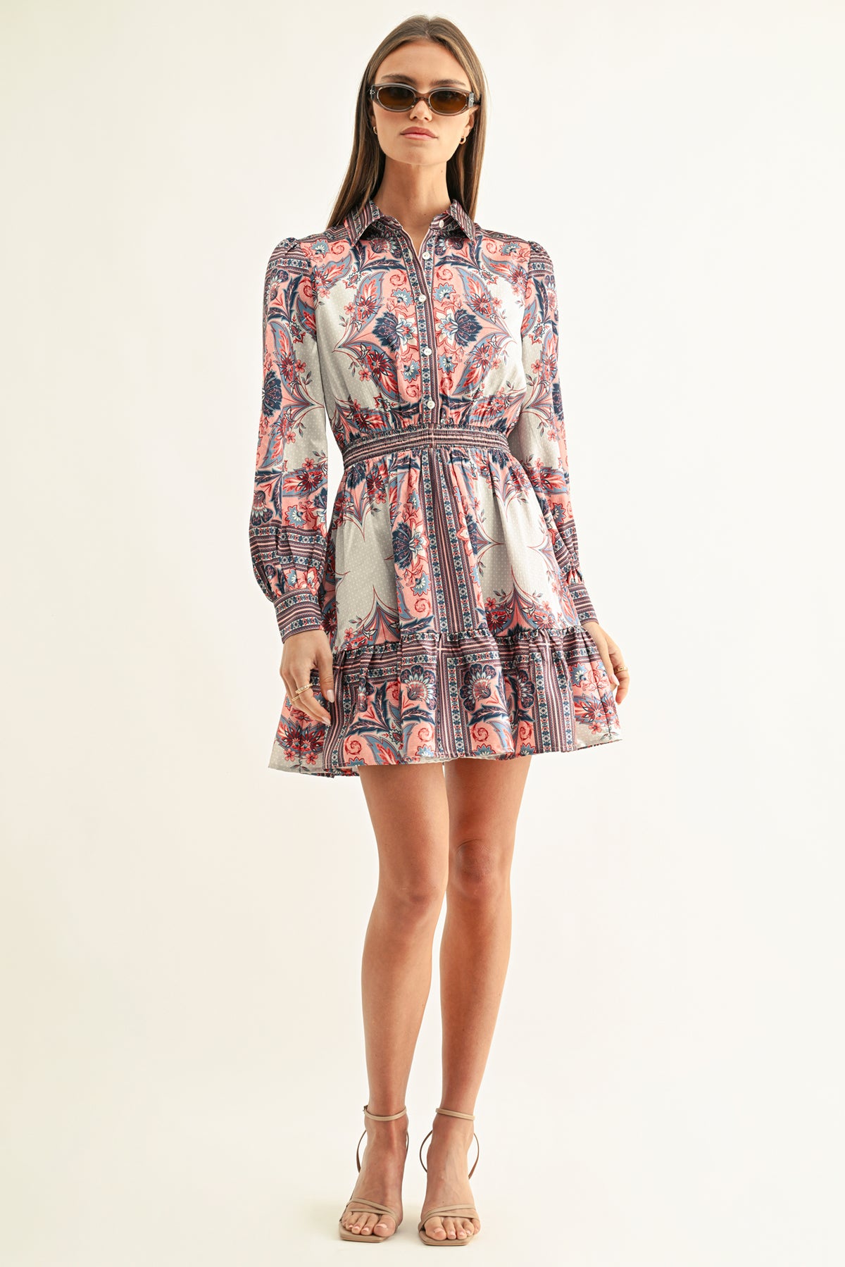 PEYTON LONG SLEEVES SMOCKED SHIRT MINI DRESS