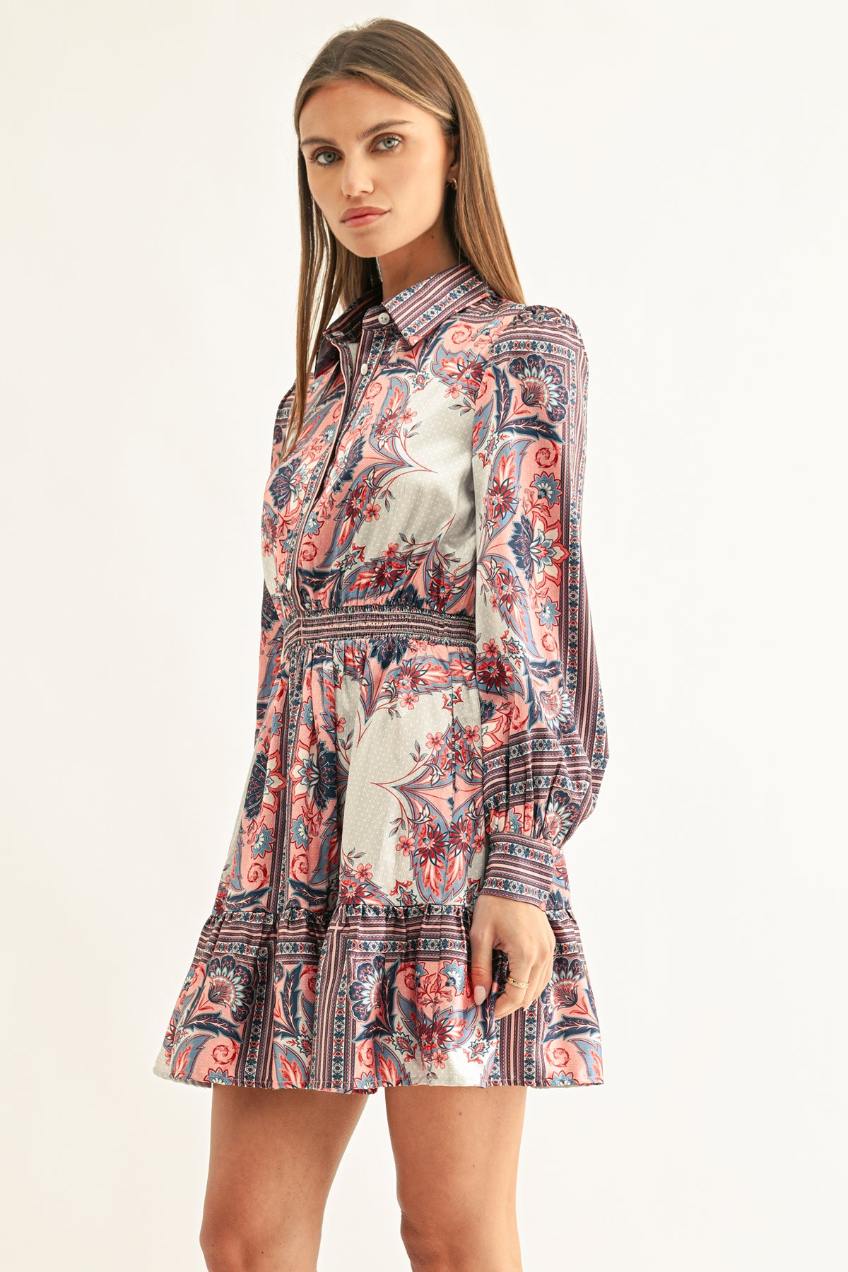 PEYTON LONG SLEEVES SMOCKED SHIRT MINI DRESS
