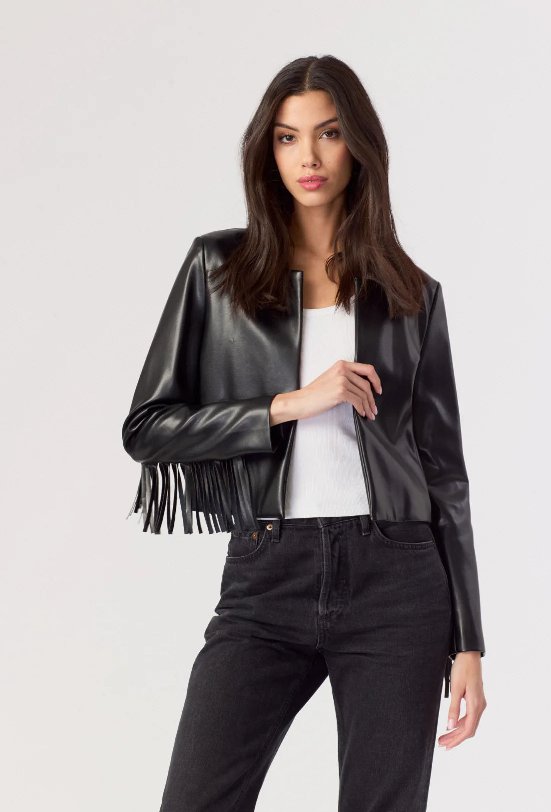 Faux Leather Fringed Back Jkt