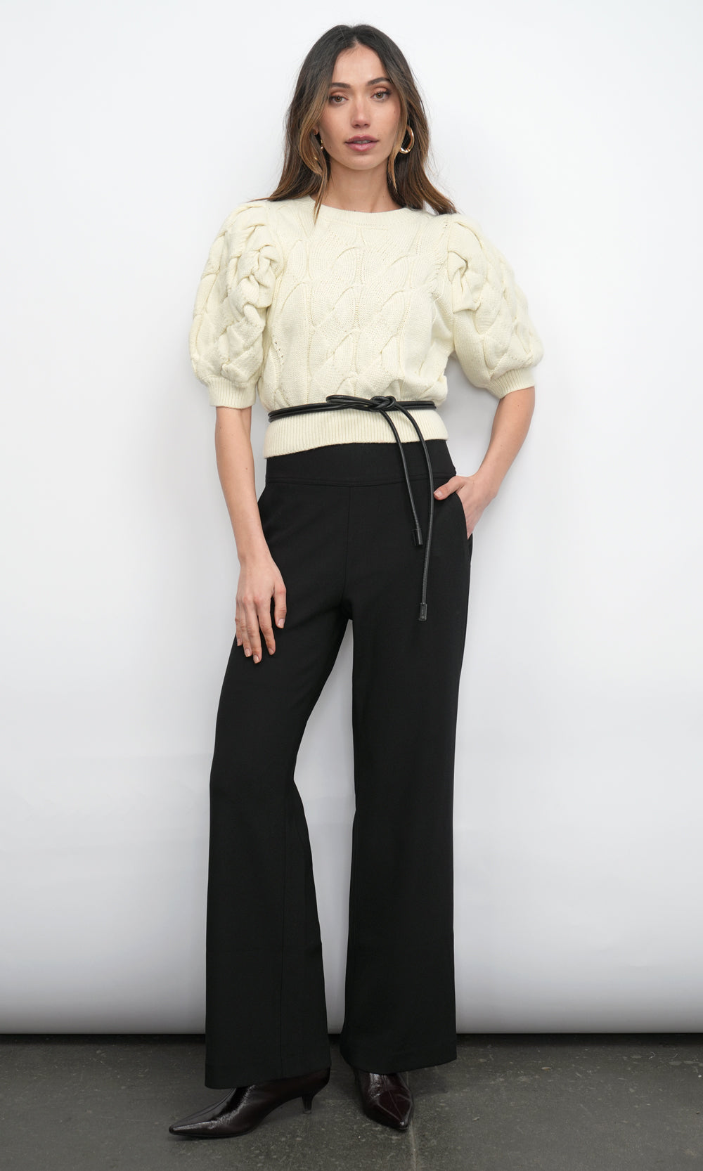Hallie Cable Knit Puff Sleeve Sweater Top