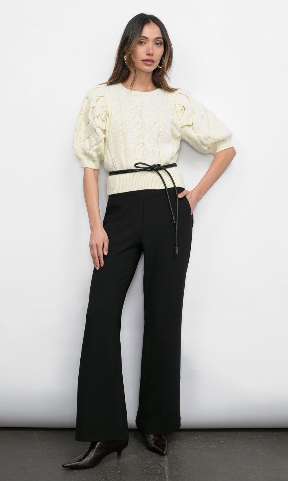 Hallie Cable Knit Puff Sleeve Sweater Top