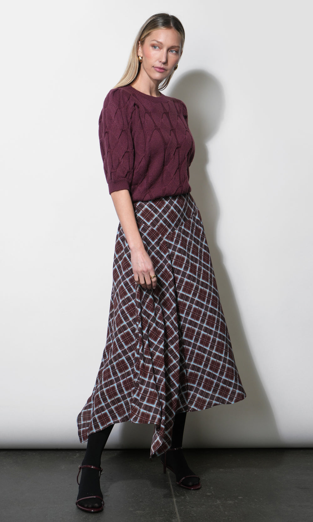 Rhodes Asymmetric Plaid Midi Skirt