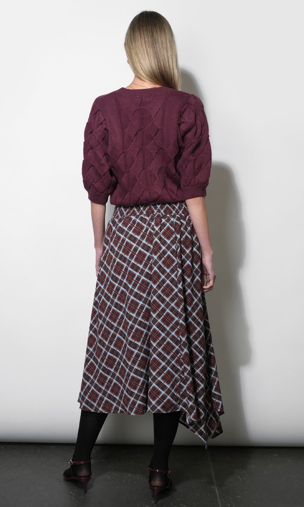 Rhodes Asymmetric Plaid Midi Skirt