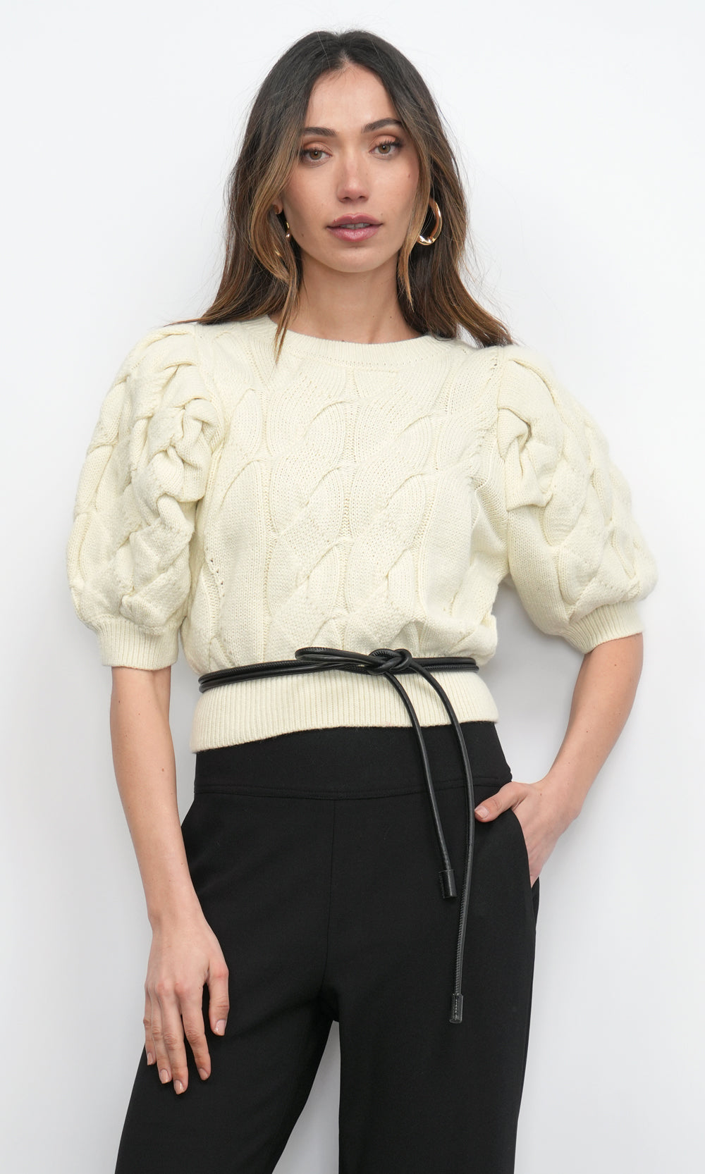 Hallie Cable Knit Puff Sleeve Sweater Top