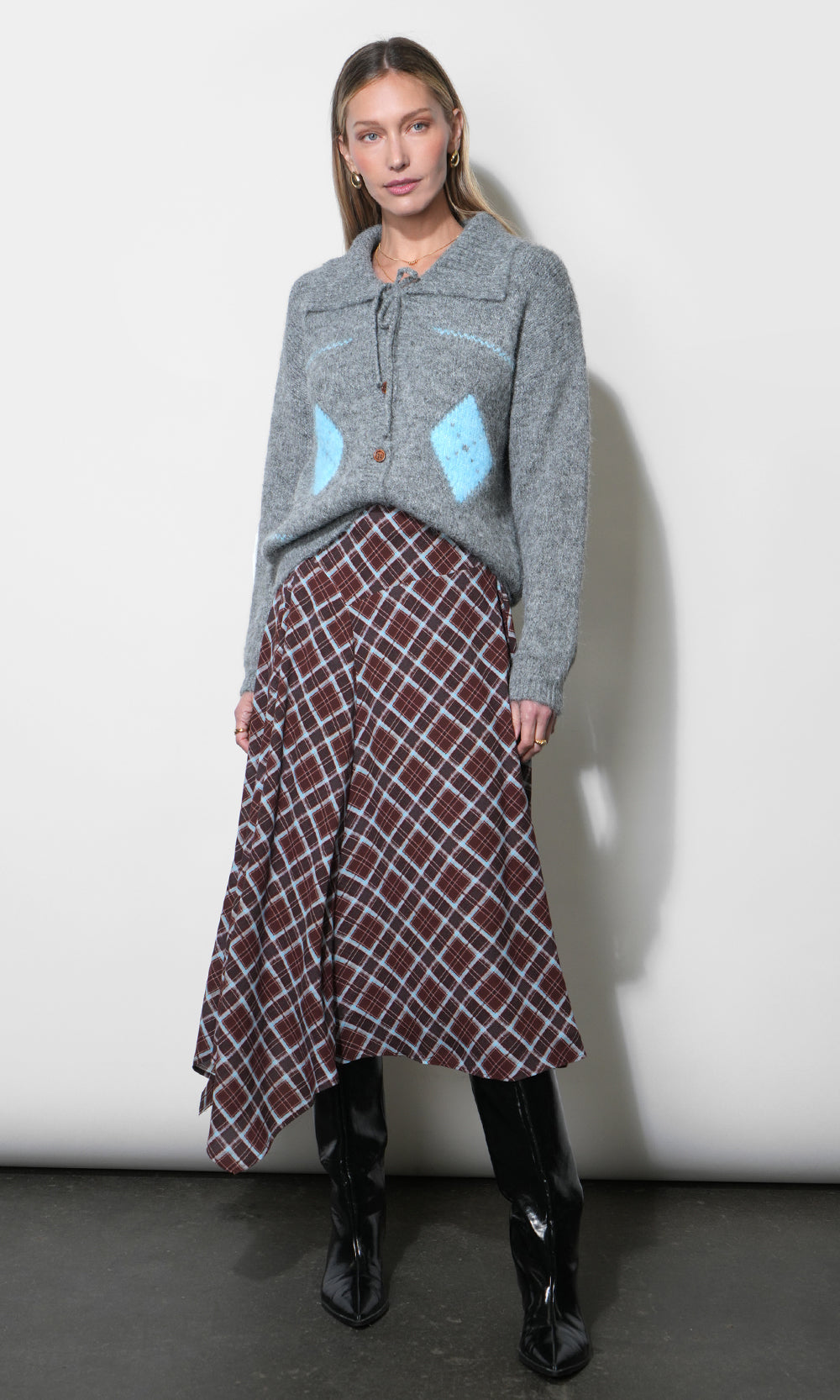 Rhodes Asymmetric Plaid Midi Skirt