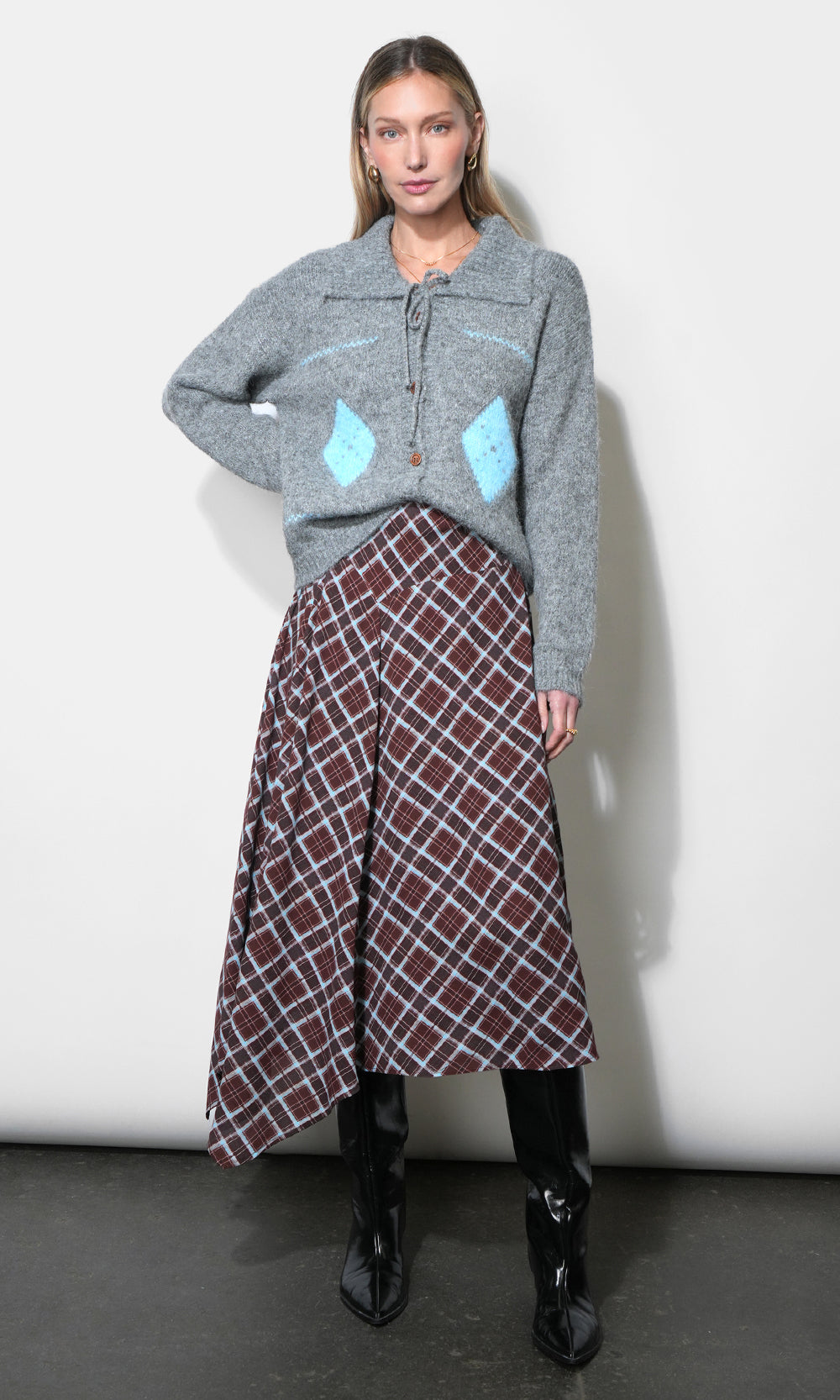 Rhodes Asymmetric Plaid Midi Skirt