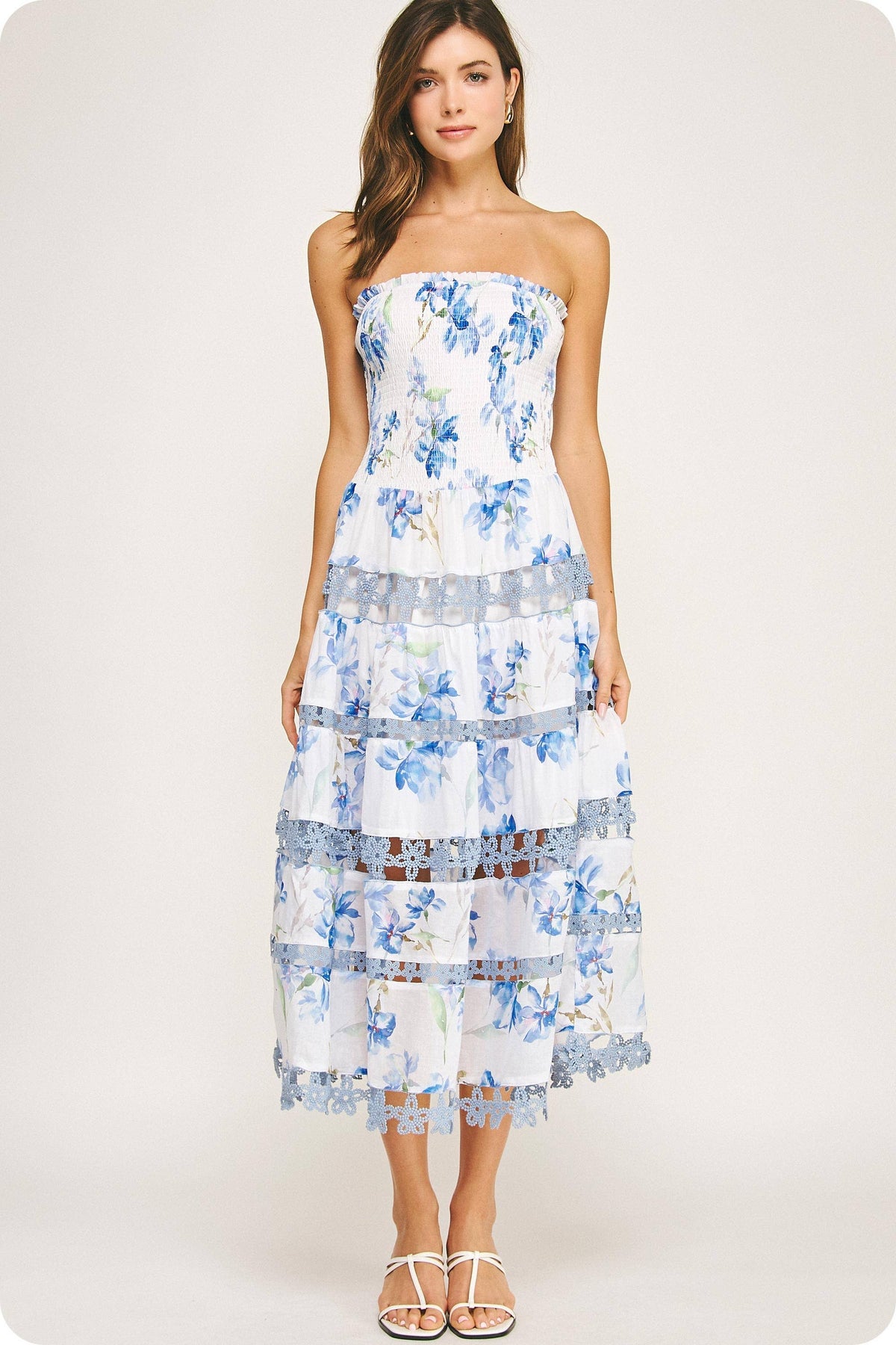 Floral Print Smocked Lace Trim Midi Dress
