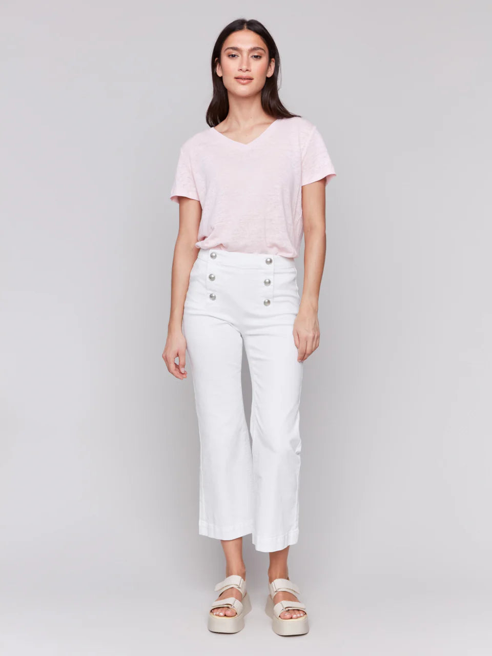 Cropped Pull-On Flare Jeans with Front Buttons - White