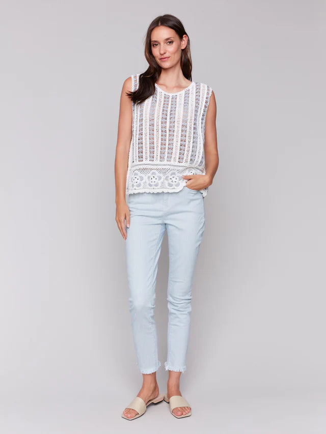 Sleeveless Floral Border Crochet Top - Bluebell