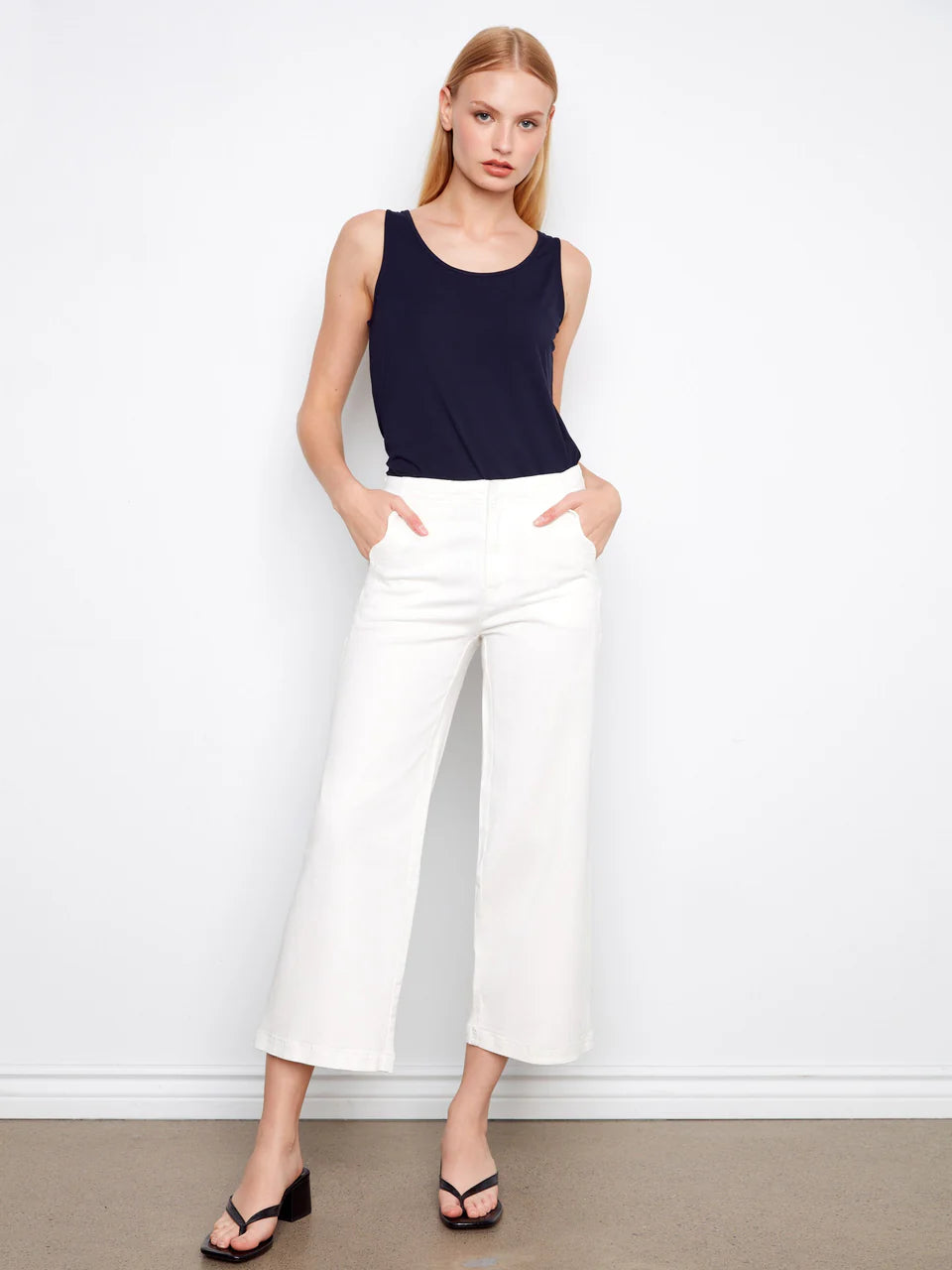 Wide Leg Twill Pants Scalloped Edge