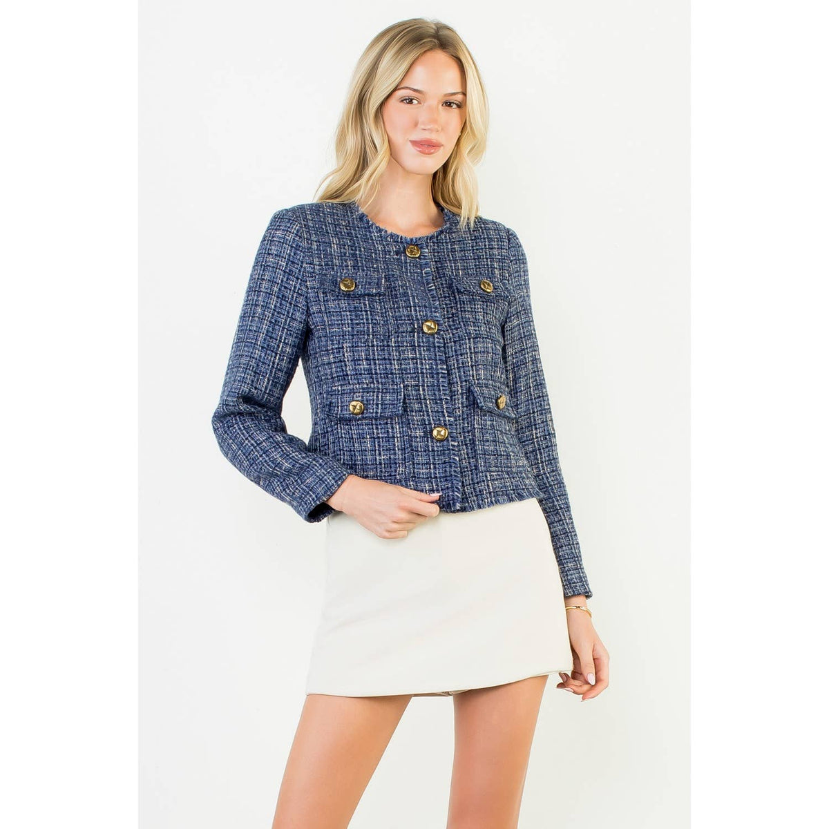 Fringe Hem Button Front Tweed Jacket