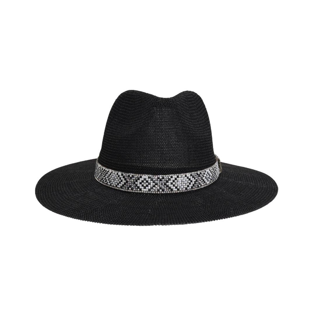 Knit Seed Bead/Rhinestone Band Panama Hat