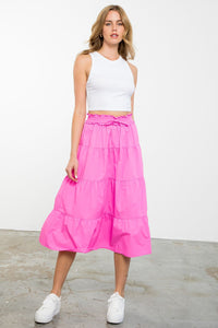 Pink Tiered Midi Skirt