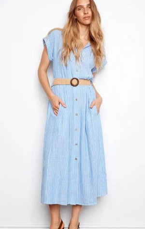 Button Front Belted Maxi Dress