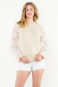 Floral Mesh Sleeve Knit Top